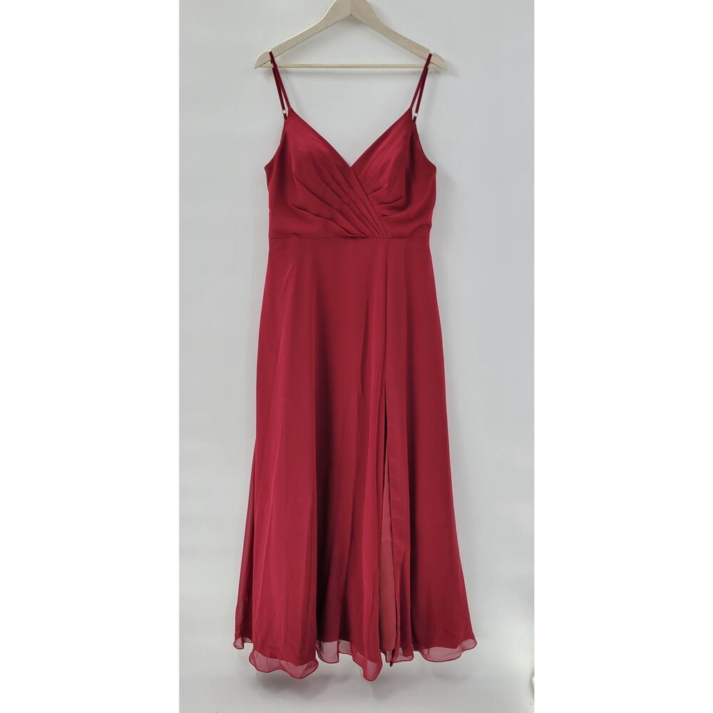 Azazie Gown Womens Large Red Pleated Chiffon High Slit Prom Bridesmaid Dress